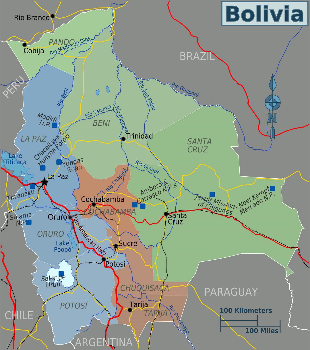 Detailed political and administrative map of Bolivia