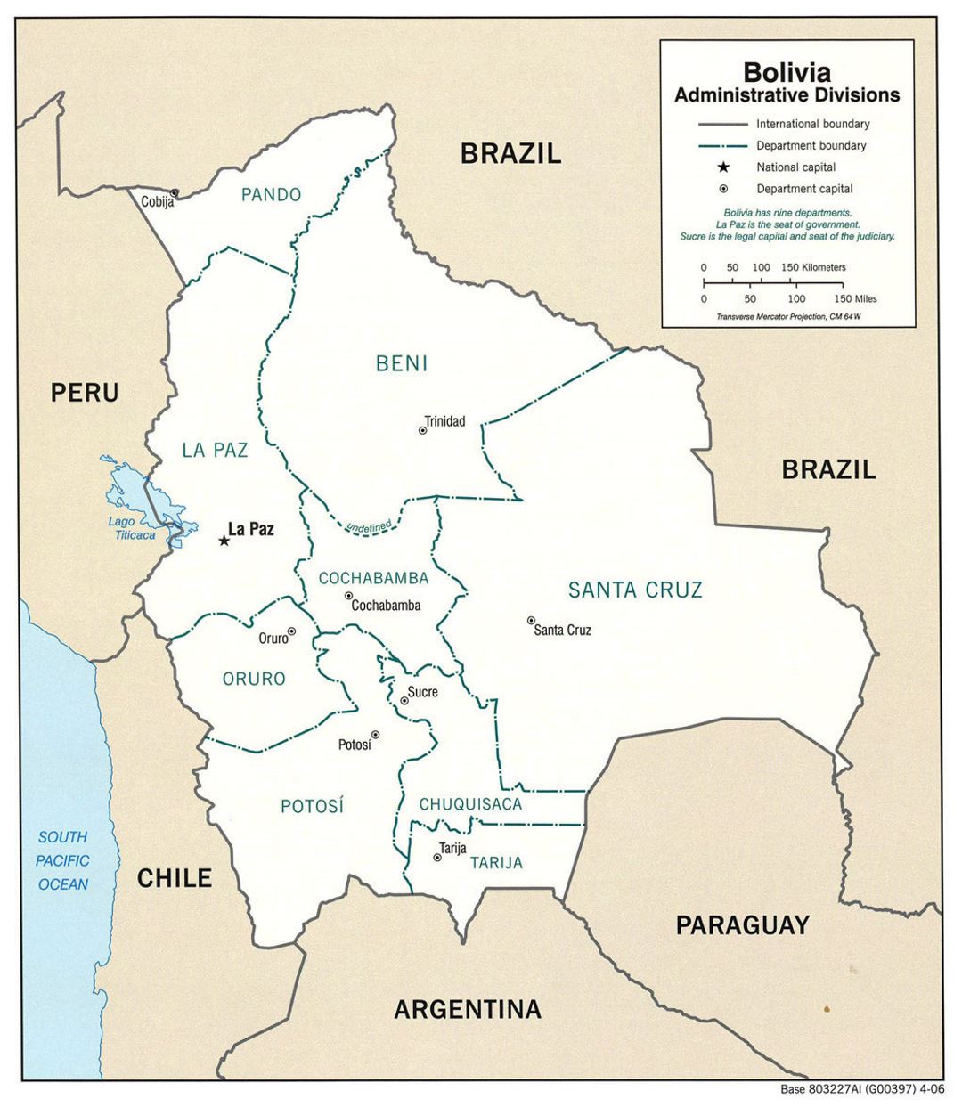 Large administrative divisions map of Bolivia with major cities - 2006