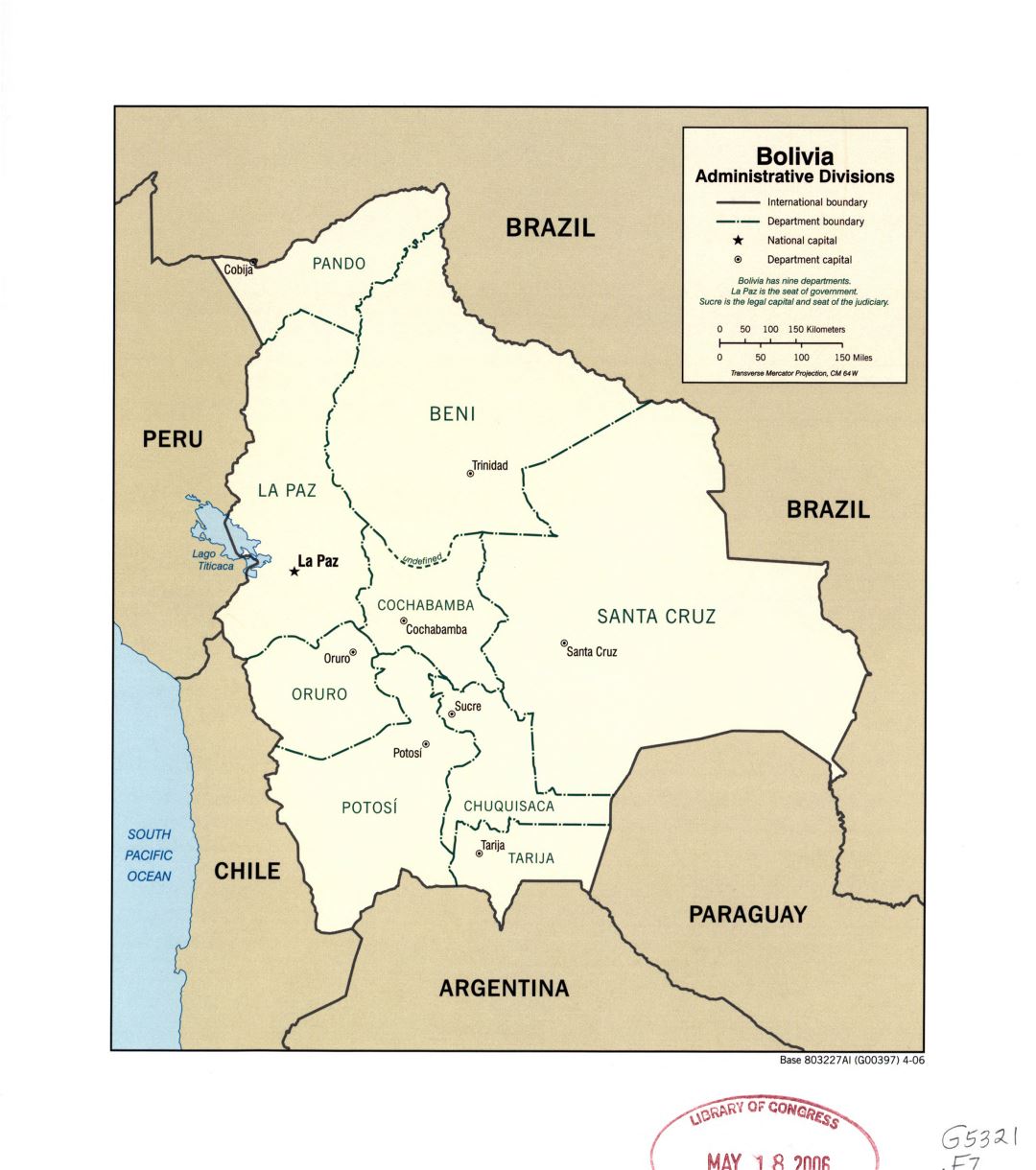 Large detailed administrative divisions map of Bolivia with major cities - 2006