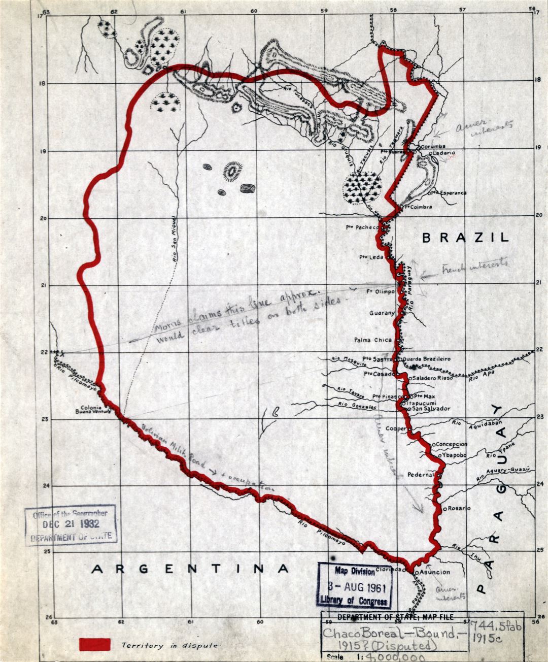 Large detailed Brazil and Bolivia boundary old map - 1915