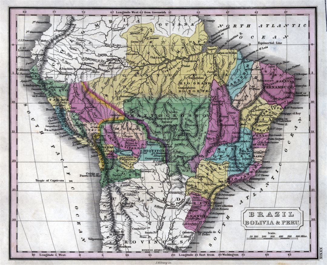Large detailed old map of Brazil, Bolivia and Peru - 1829