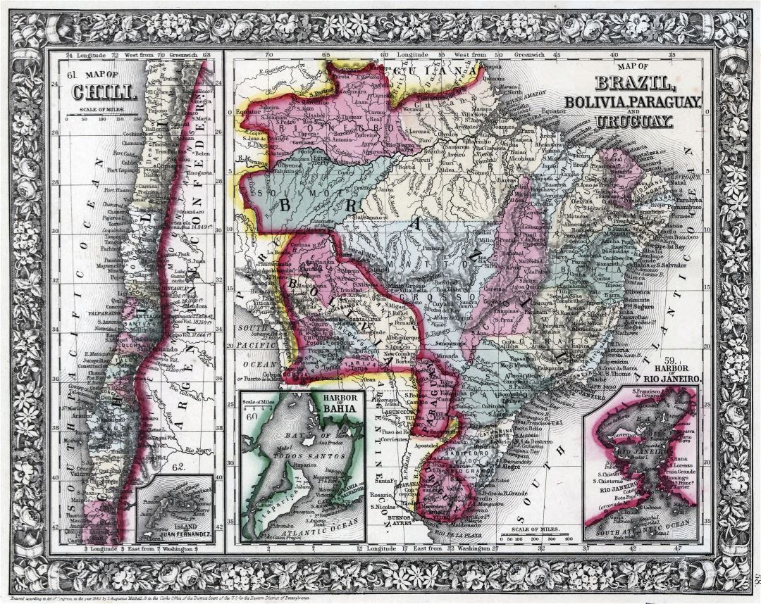 Large detailed old map of Brazil, Bolivia, Paraguay and Uruguay with map of Chili - 1871