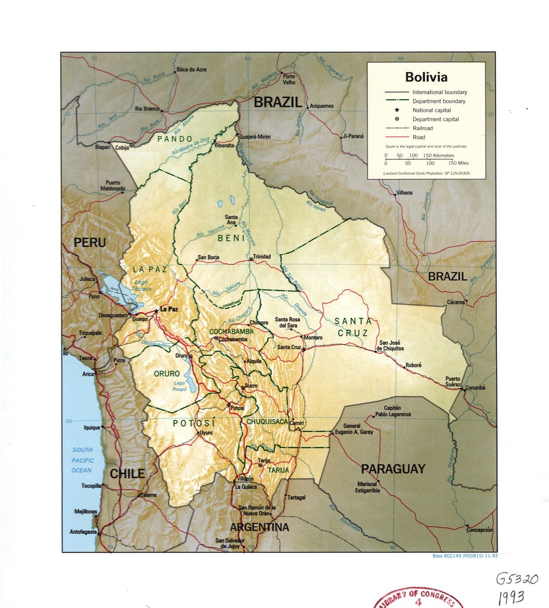 Large detailed political and administrative map of Bolivia with relief, rivers, roads, railroads and major cities - 1993