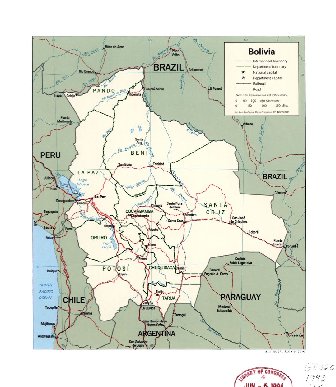 Large detailed political and administrative map of Bolivia with rivers, roads, railroads and major cities - 1993