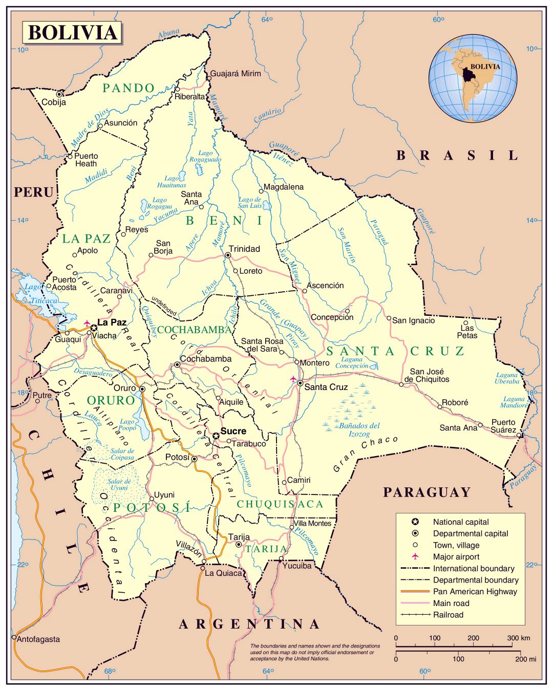 Large detailed political map of Bolivia with major cities and airports