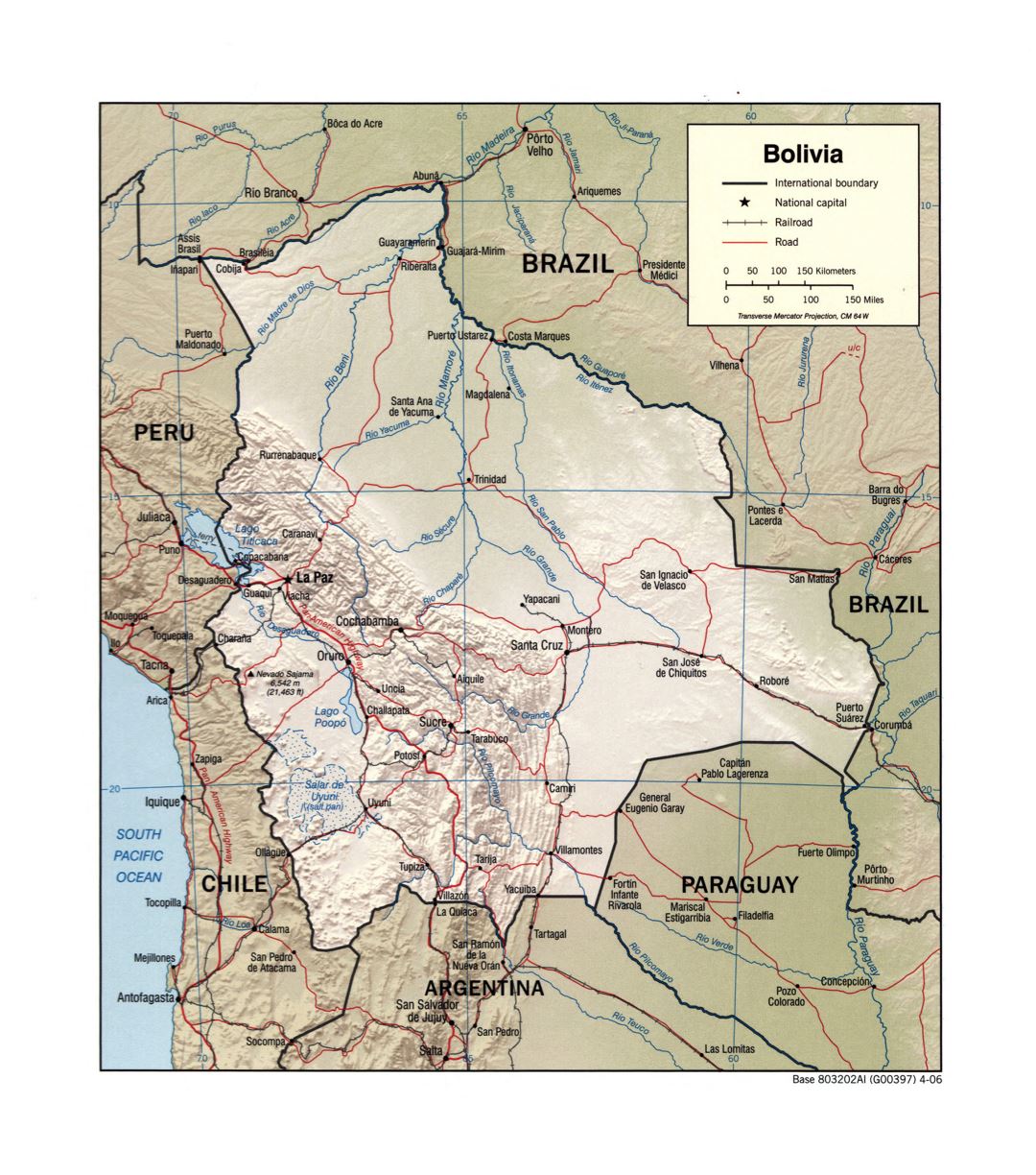 Large detailed political map of Bolivia with relief, rivers, roads, railroads and major cities - 2006