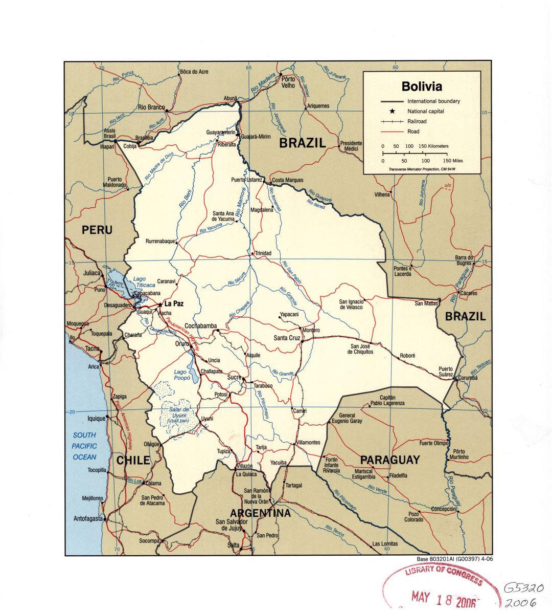 Large detailed political map of Bolivia with rivers, roads, railroads and major cities - 2006