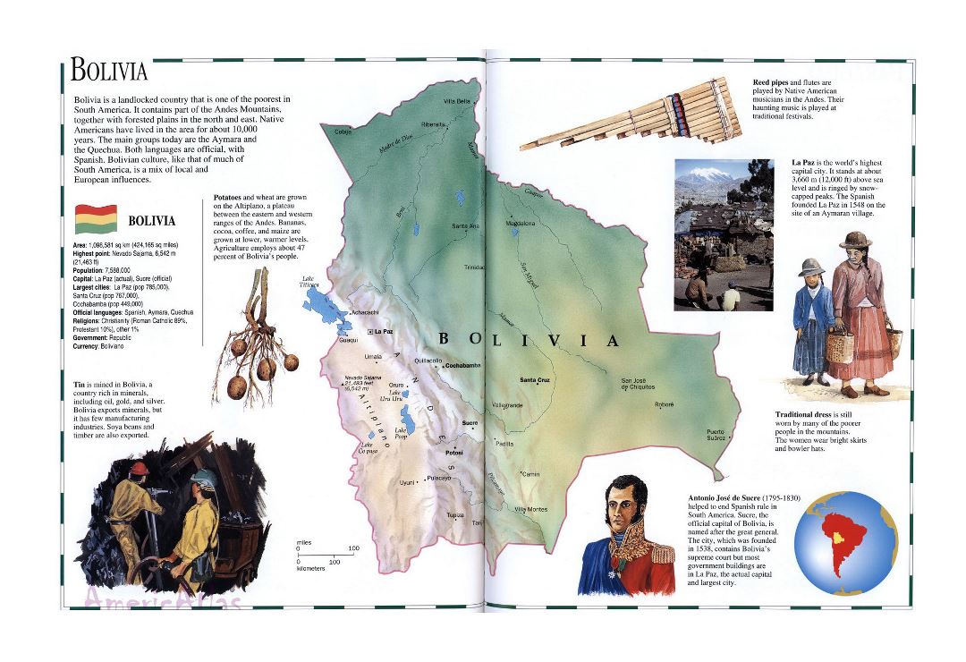 Large detailed terrain map of Bolivia with information about the state with facts and figures