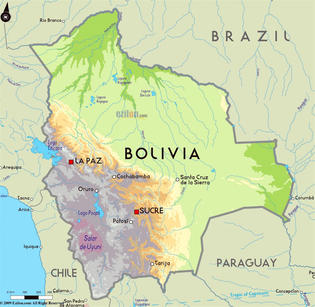 Large physical map of Bolivia with major cities