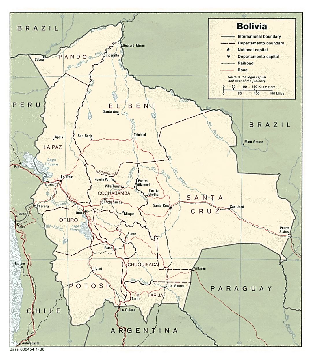 Large political and administrative map of Bolivia with roads and major cities - 1986