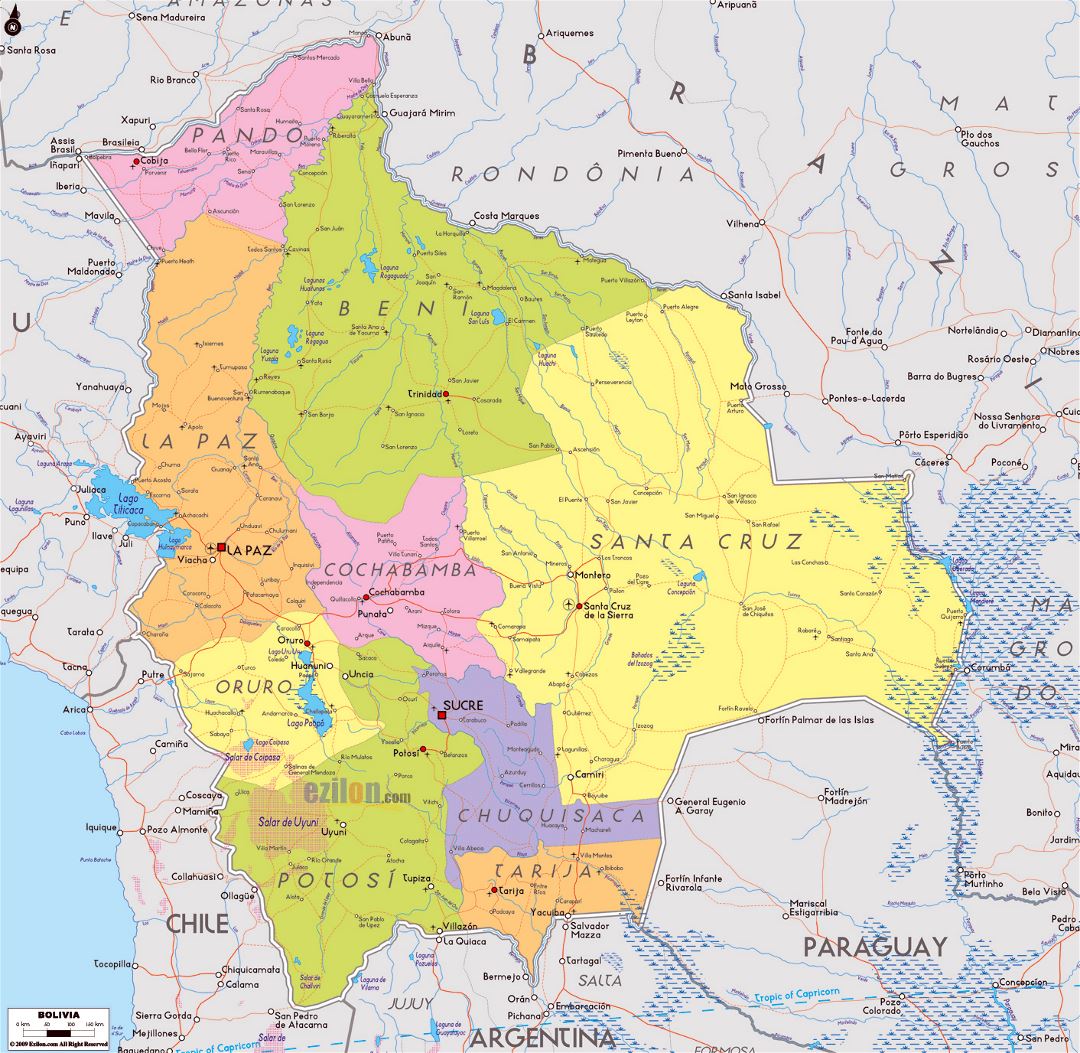 Large political and administrative map of Bolivia with roads, major cities and airports