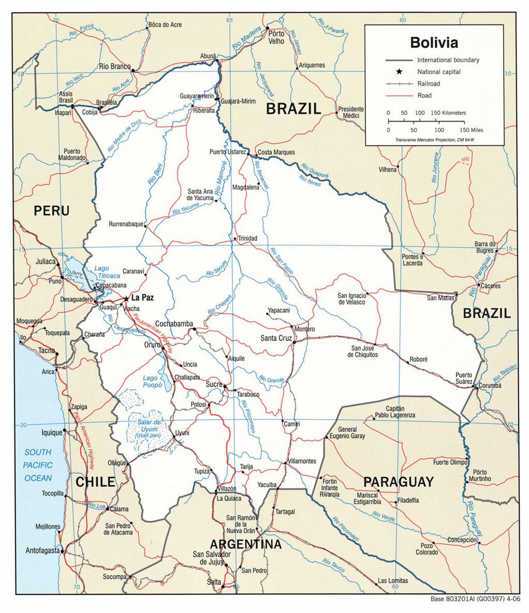 Large political map of Bolivia with roads and major cities - 2006