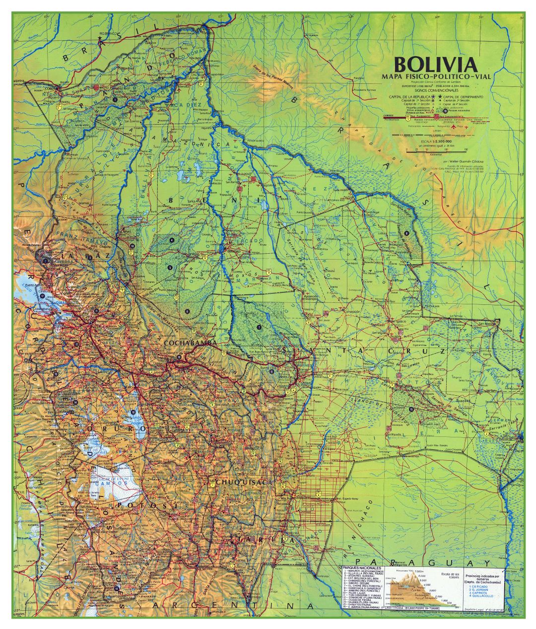 Large scale physical and political map of Bolivia with roads, cities, towns, airports and other marks