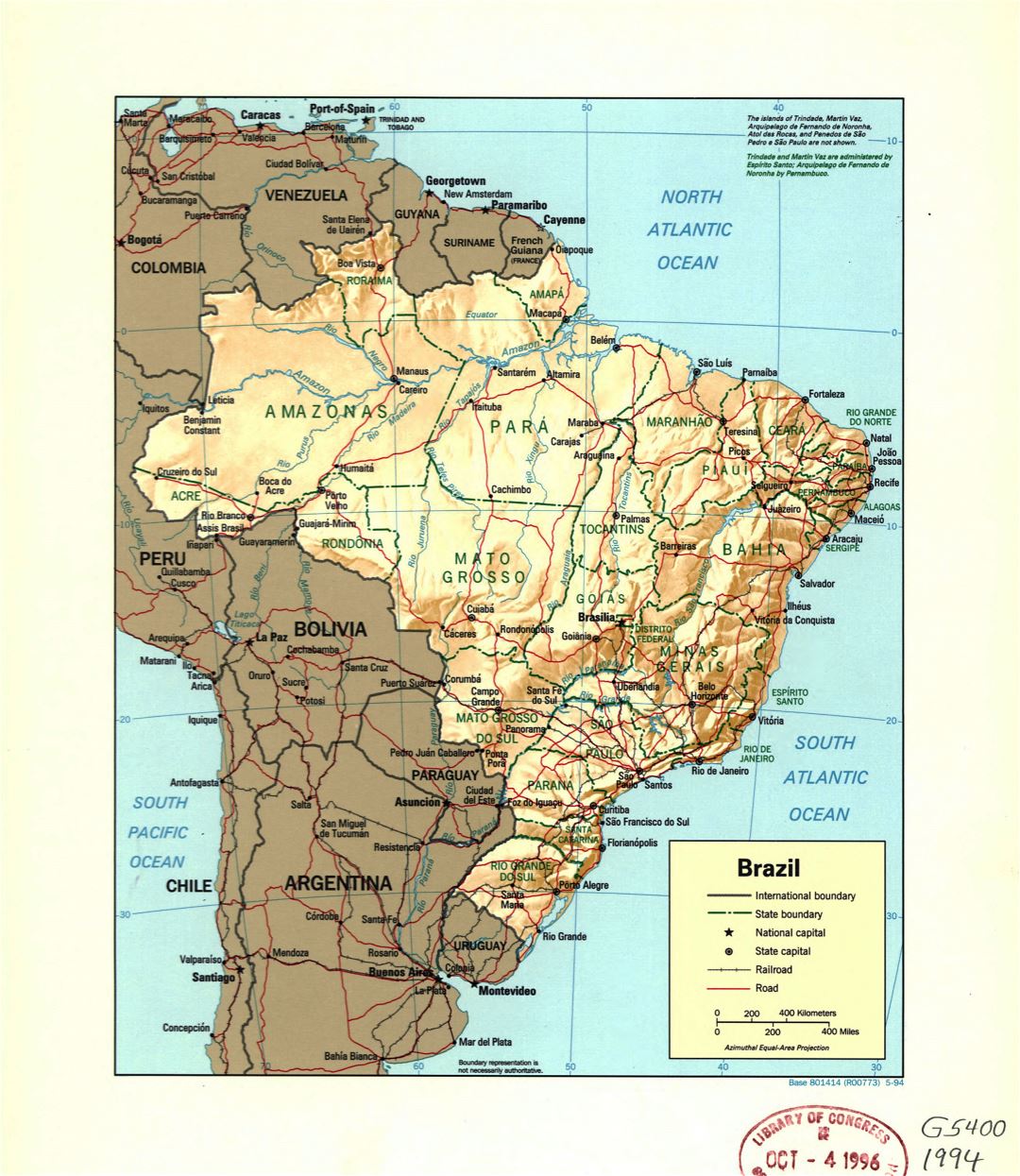 Large detail political and administrative map of Brazil with relief, rivers, roads, railroads and major cities - 1994