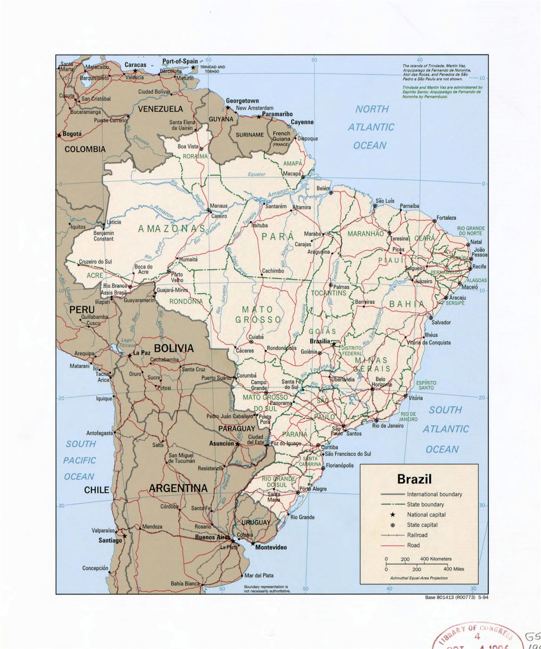 Large detail political and administrative map of Brazil with rivers, roads, railroads and major cities - 1994