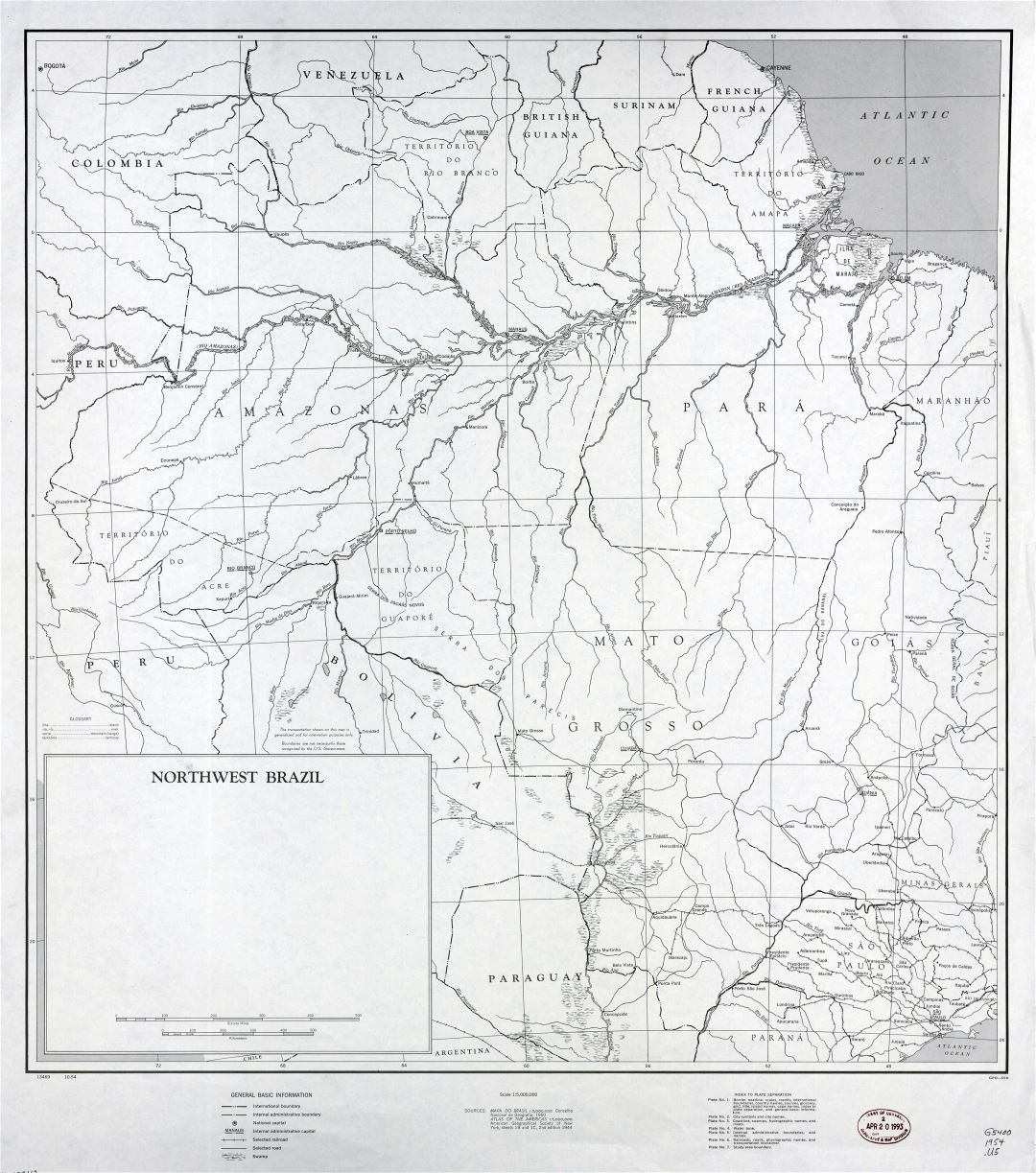 Large detailed map of Northwest Brazil with other marks - 1954