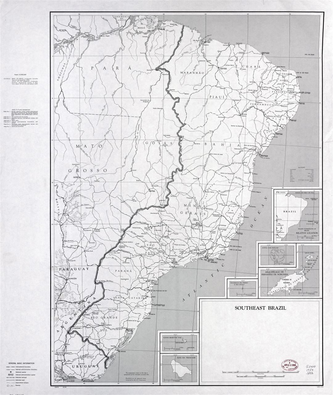 Large detailed map of Southeast Brazil with other marks - 1954