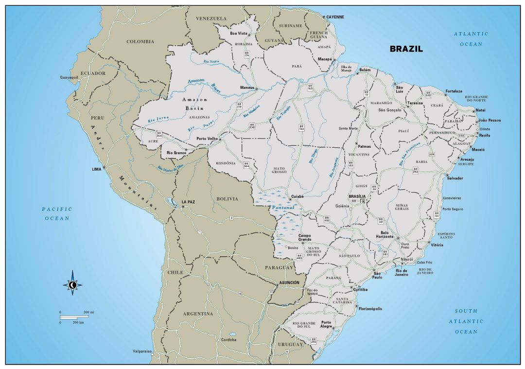 Large detailed political and administrative map of Brazil with highways and major cities