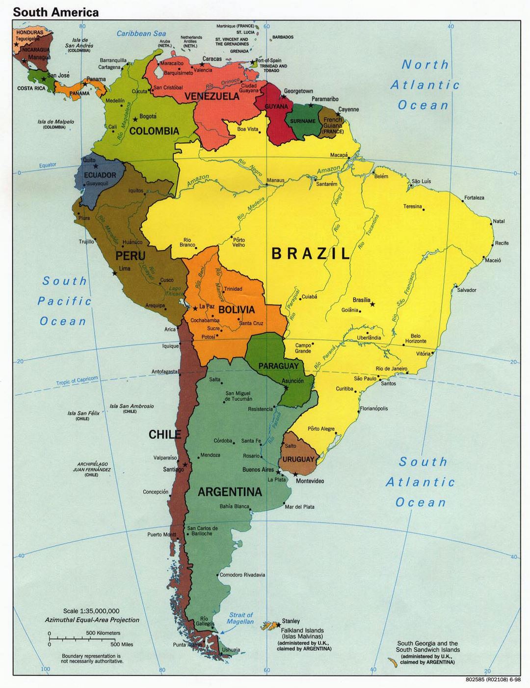 Large detailed political map of South America - 1998
