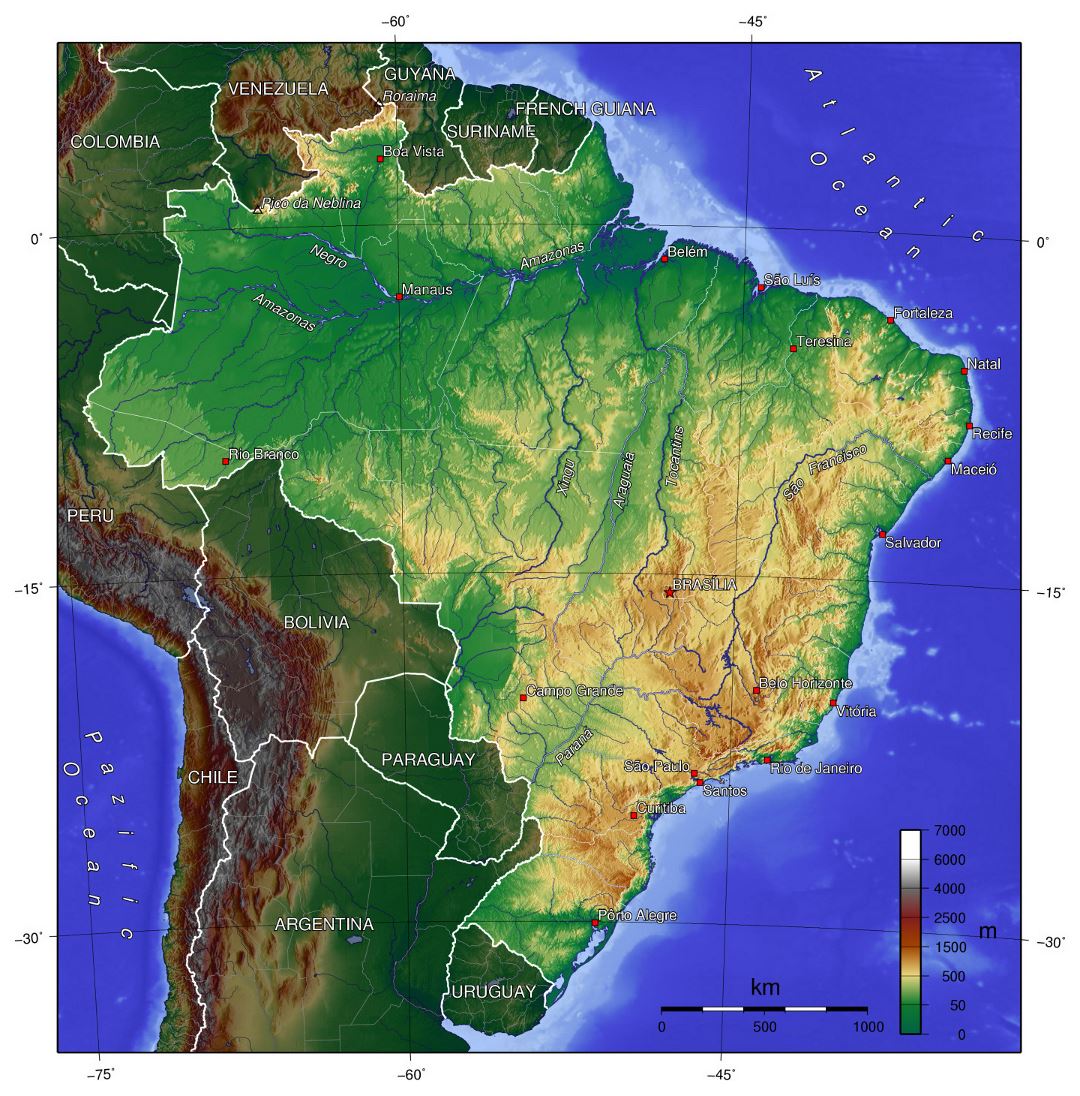 Large physical map of Brazil