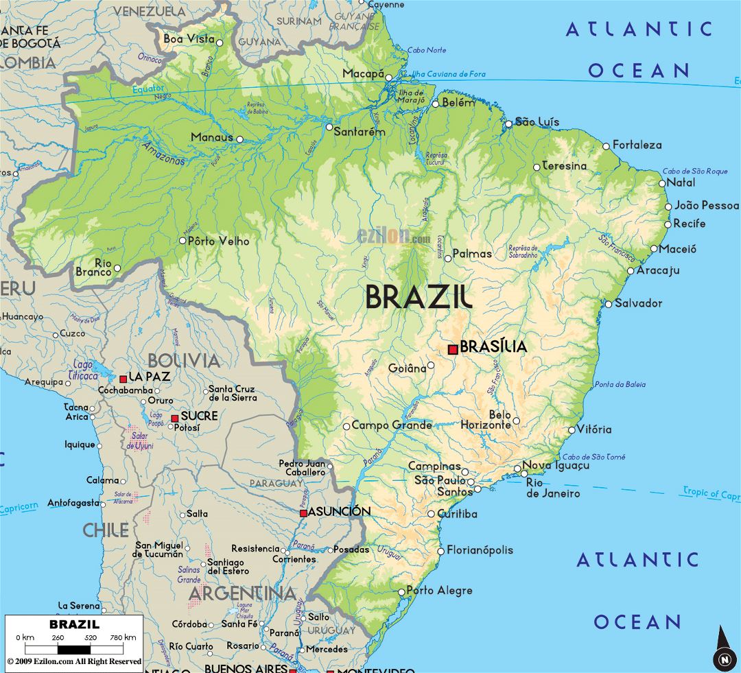 Large physical map of Brazil with major cities