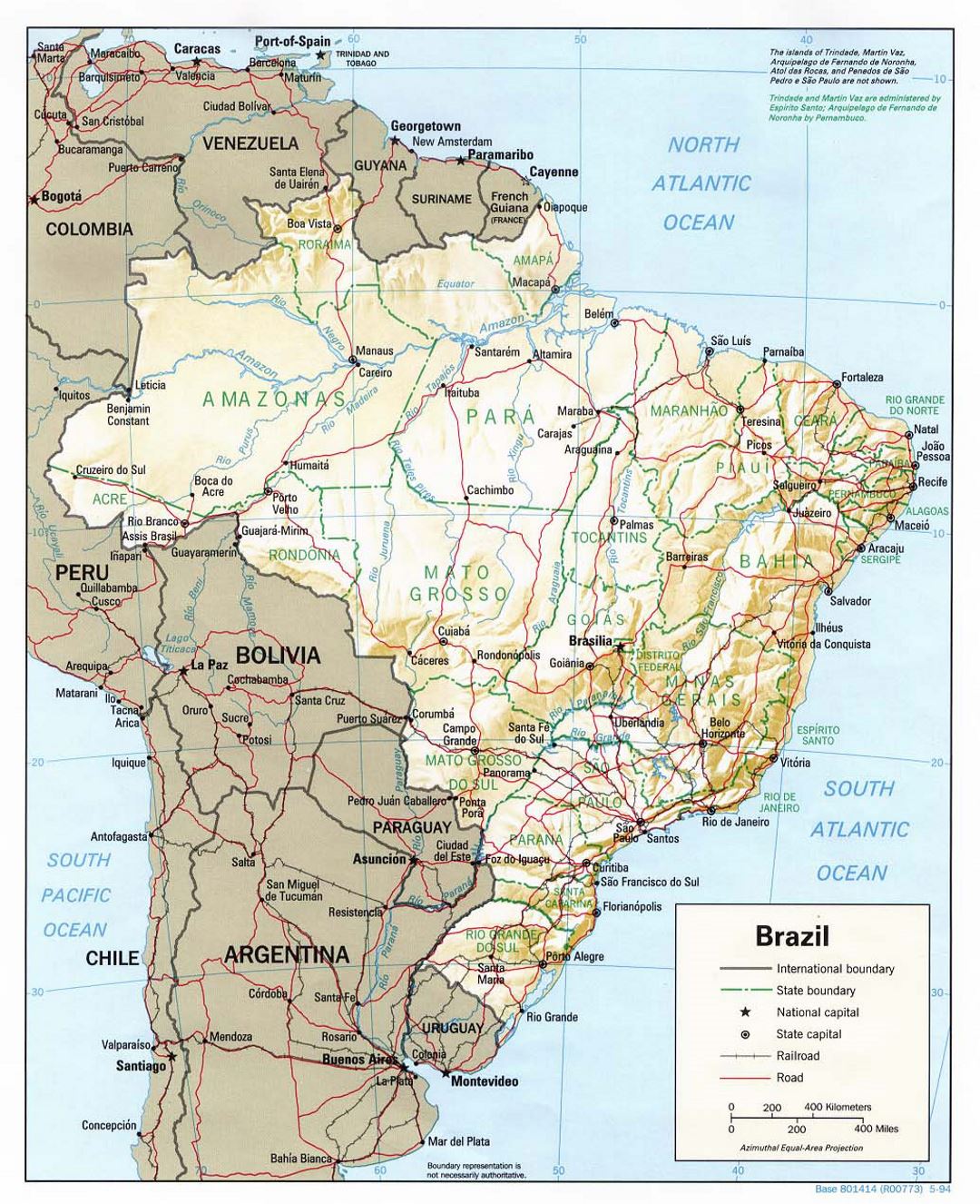 Large political and administrative map of Brazil with relief, roads and major cities - 1994