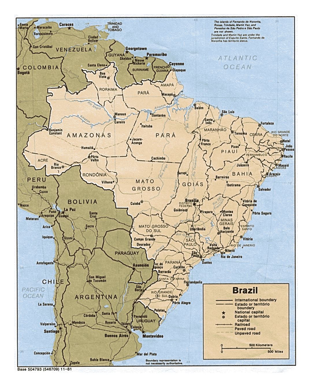 Large political and administrative map of Brazil with roads and major cities - 1981