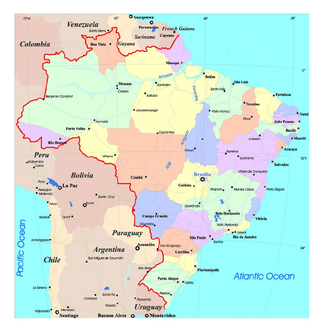 Large political and administrative map of Brazil with roads and major cities