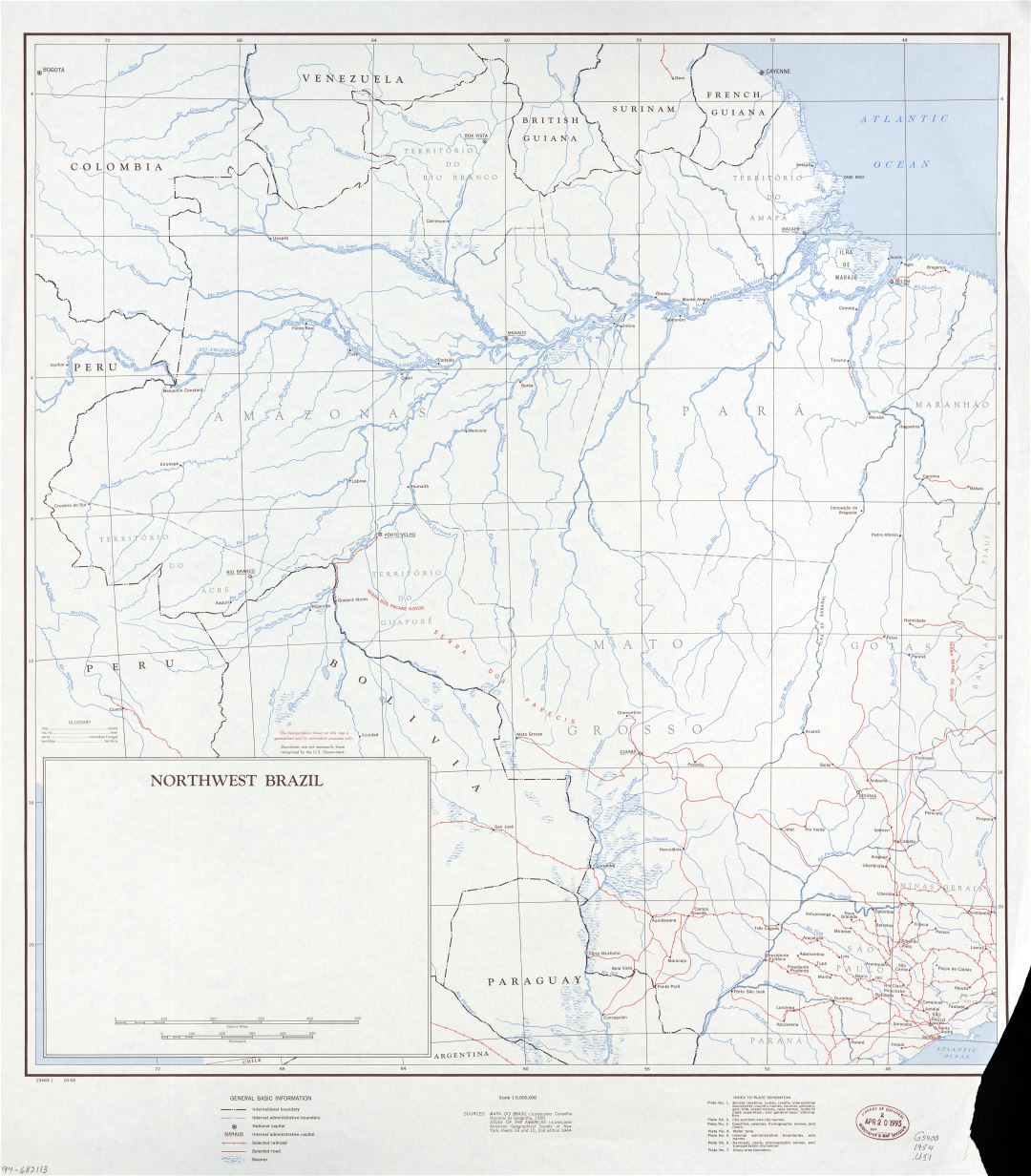 Large scale map of Northwest Brazil with other marks - 1954