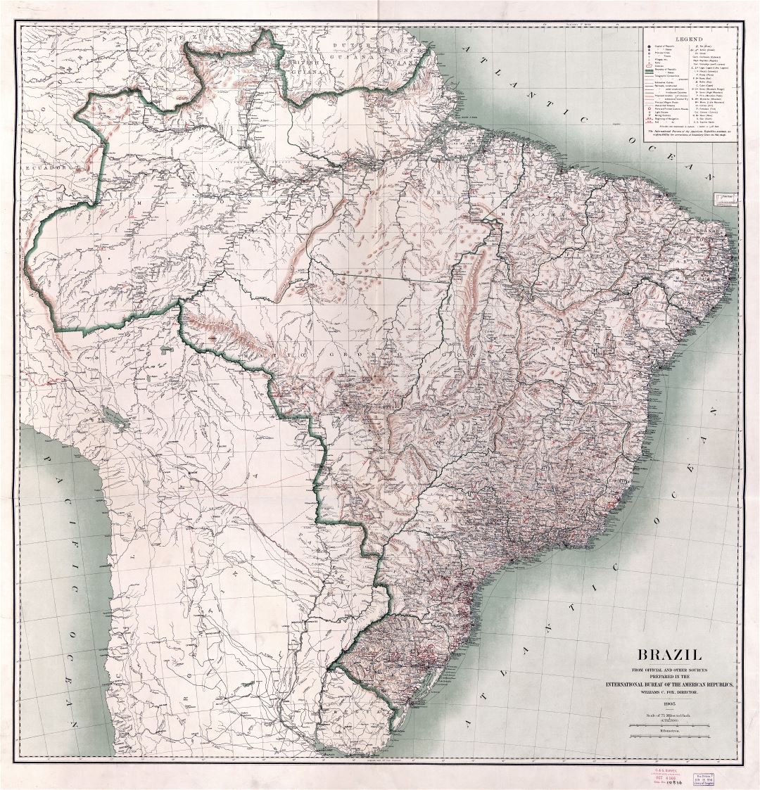In high resolution detailed old map of Brazil with relief, rivers, roads, railroads, cities, towns, villages and other marks - 1905