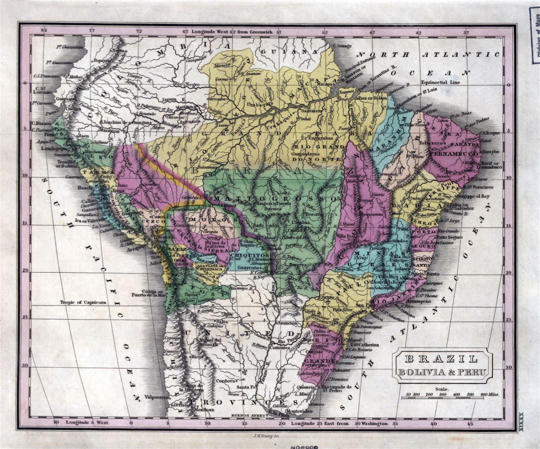 Large detailed old map of Brazil, Bolivia and Peru with relief and other marks - 1829