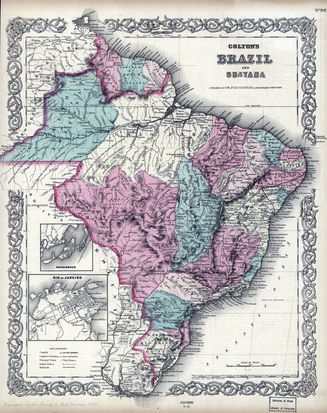 Large detailed old political and administrative map of Brazil with Guayana with relief - 1871