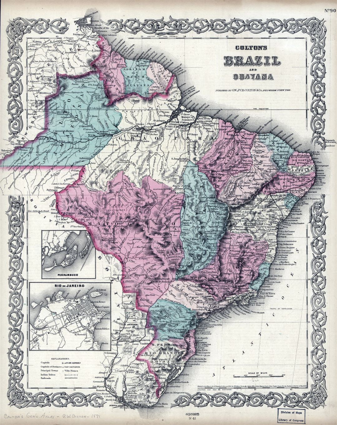 Large detailed old political and administrative map of Brazil with Guayana with relief - 1871