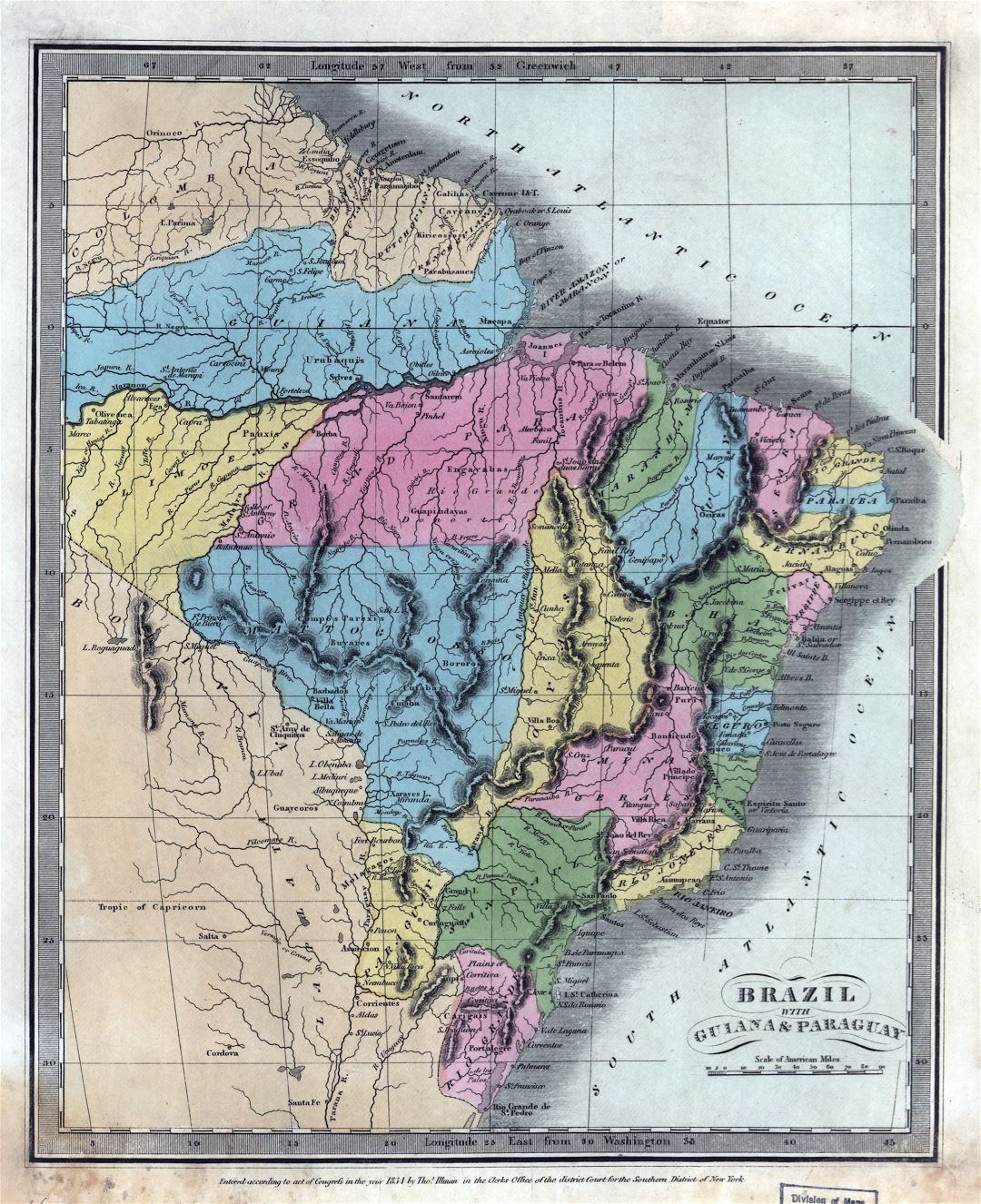 Large detailed old political and administrative map of Brazil with Guiana and Paraguay with relief and other marks - 1834
