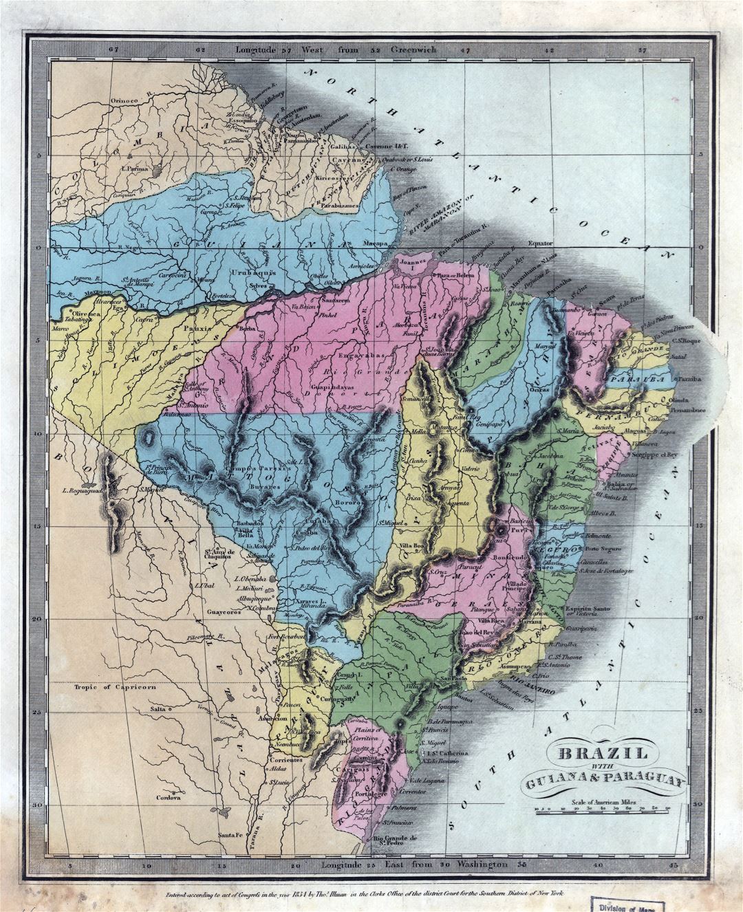 Large detailed old political and administrative map of Brazil with Guiana and Paraguay with relief and other marks - 1834