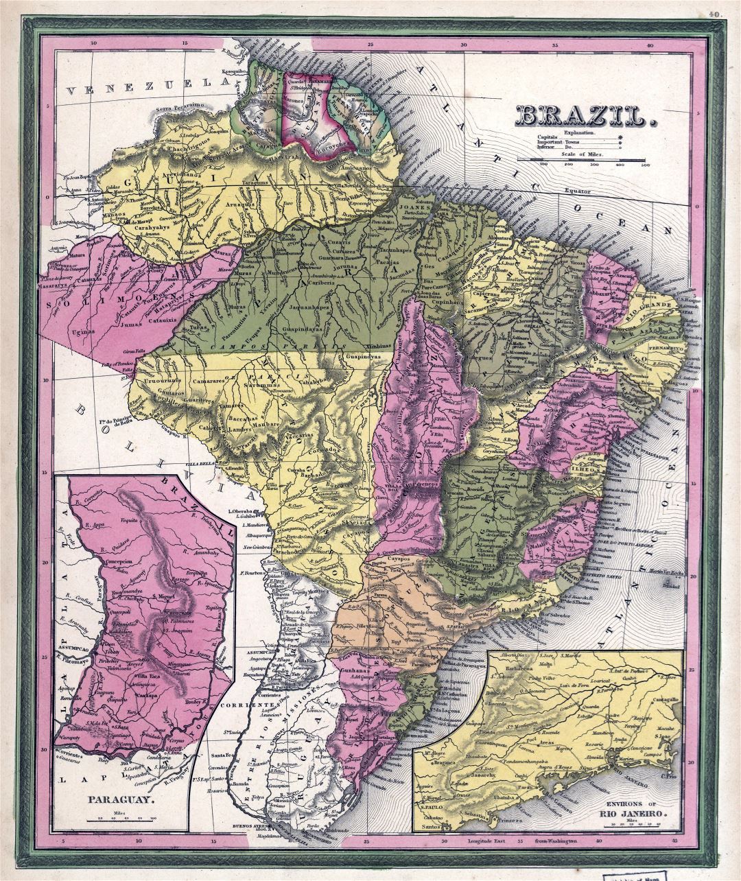 Large detailed old political and administrative map of Brazil with relief and other marks - 1846