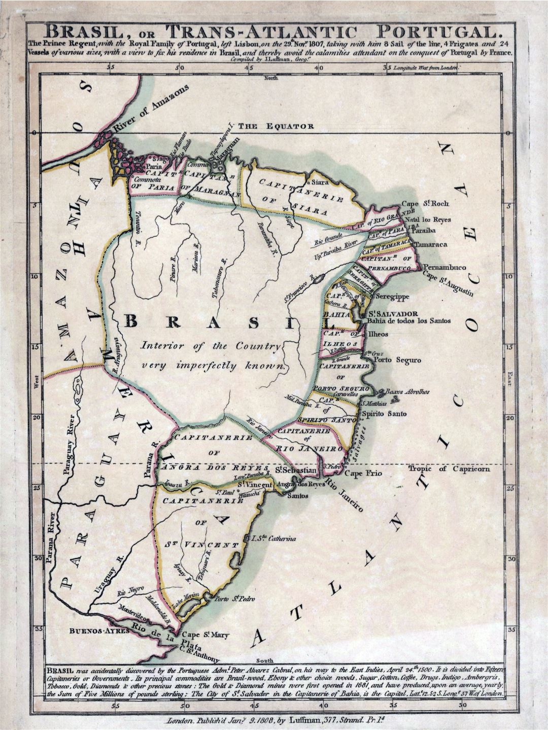 Large detailed vintage map of Brazil or Trans-Atlantic Portugal - 1808