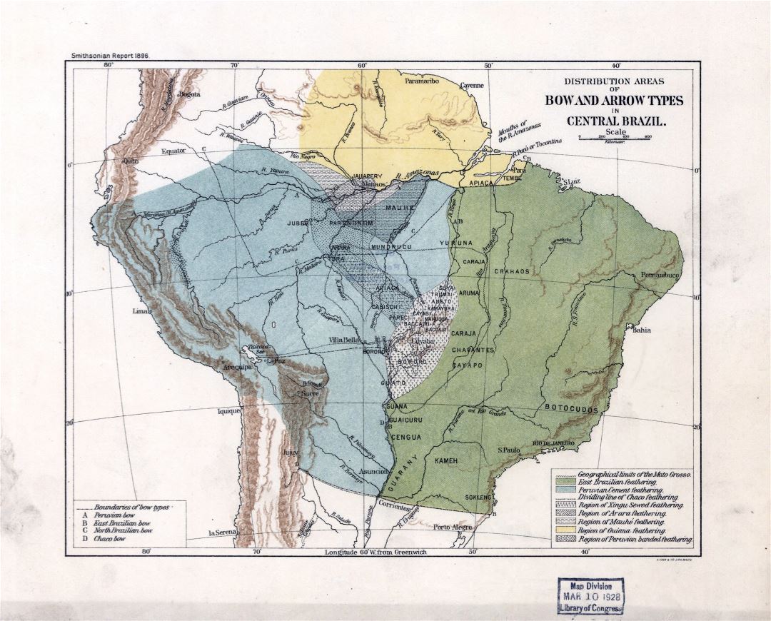 Large old distribution areas for bow and arrow types map in Central Brazil - 1896