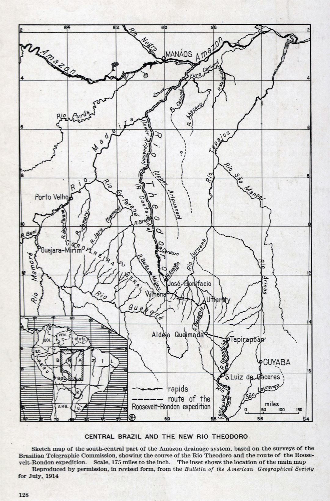 Large old map of Central Brazil and the New Rio Theodoro - 1915