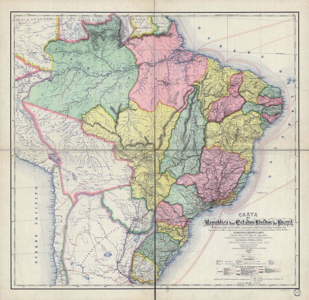 Large scale detailed old political map of Brazil with marks - 1892