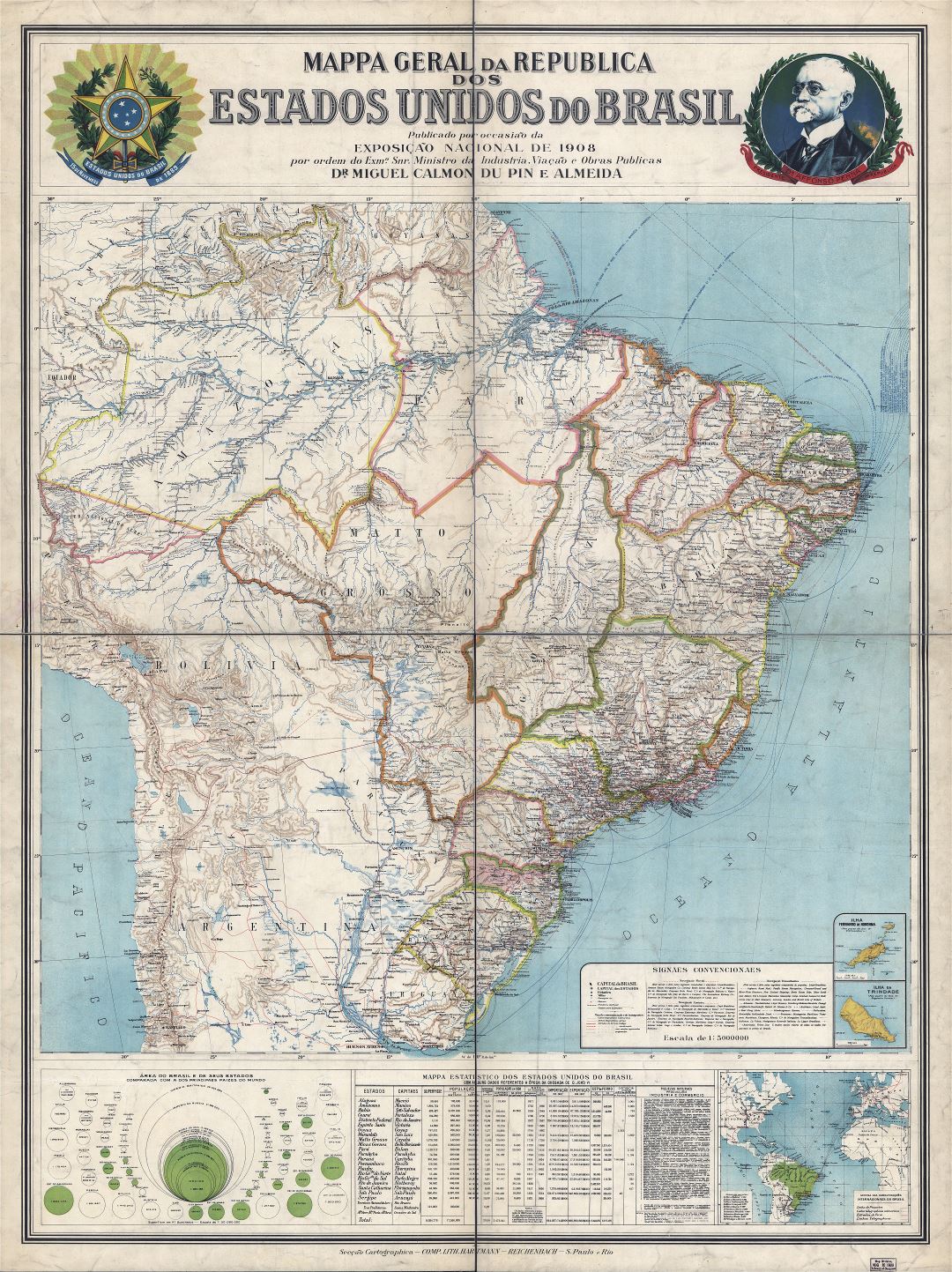 Large scale detailed vintage political map of Brazil with other marks - 1908