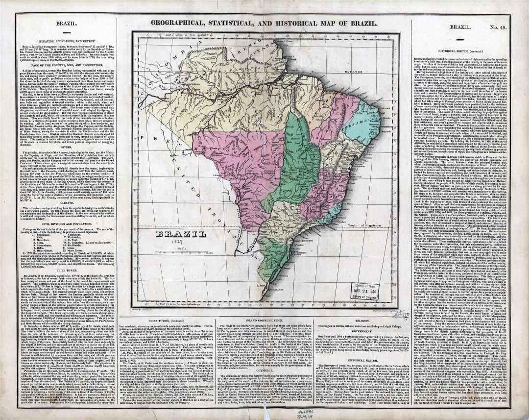 Large scale old geographical, statistical and historical map of Brazil - 1827