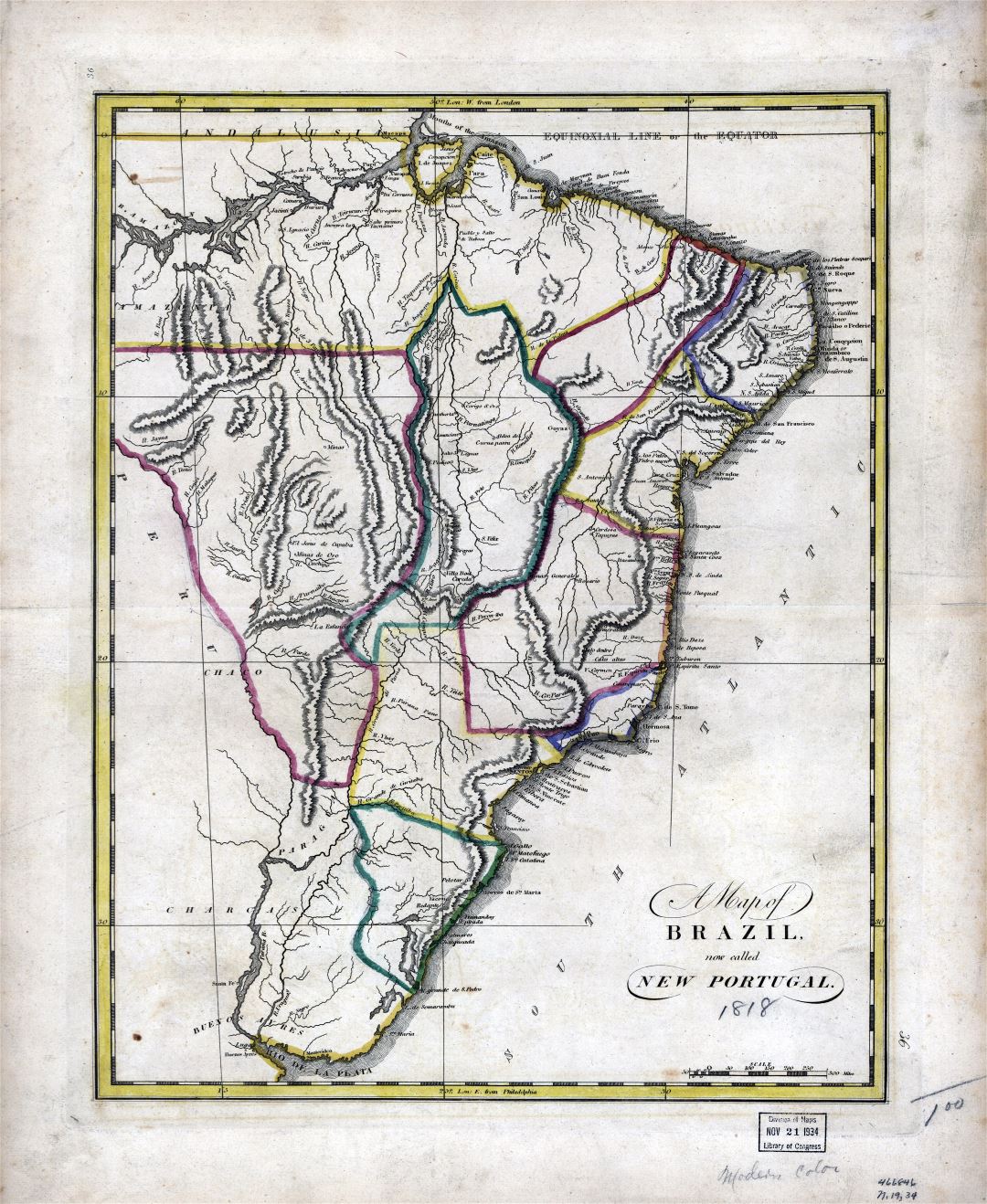 Large scale old map of Brazil (New Portugal) - 1818