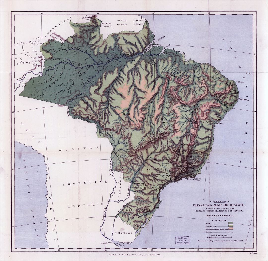 Large scale old physical map of Brazil - 1886