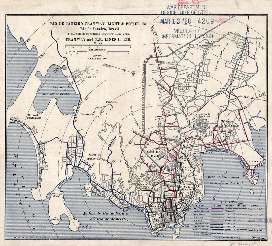 Large detaield old tramway and R.R. lines in Rio de Janeiro map - 1906