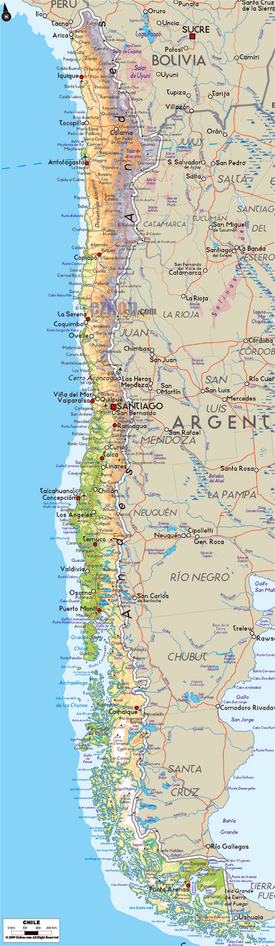 Detailed physical map of Chile with roads, cities and airports