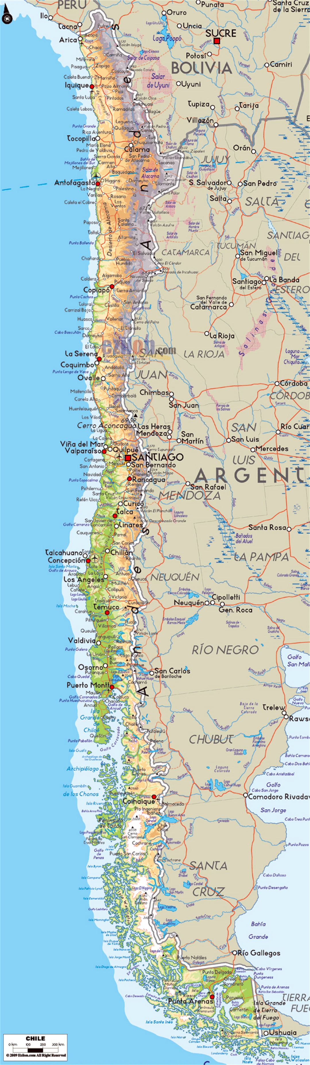 Detailed Physical Map Of Chile With Roads Cities And Airports Small 