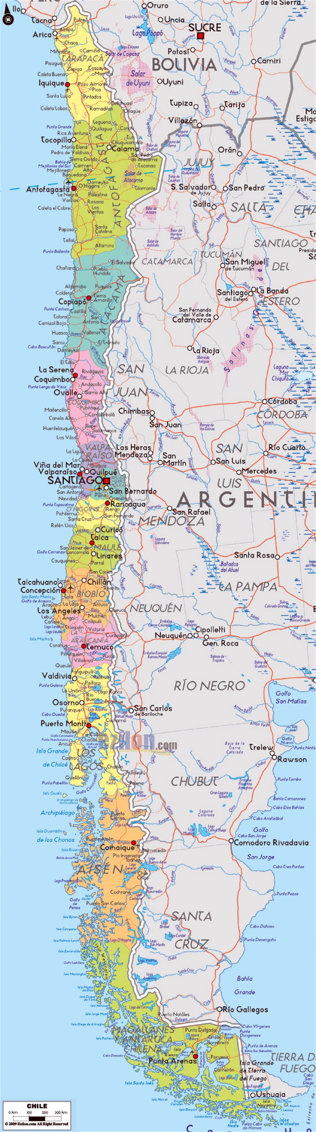 Detailed political and administrative map of Chile with roads, cities and airports