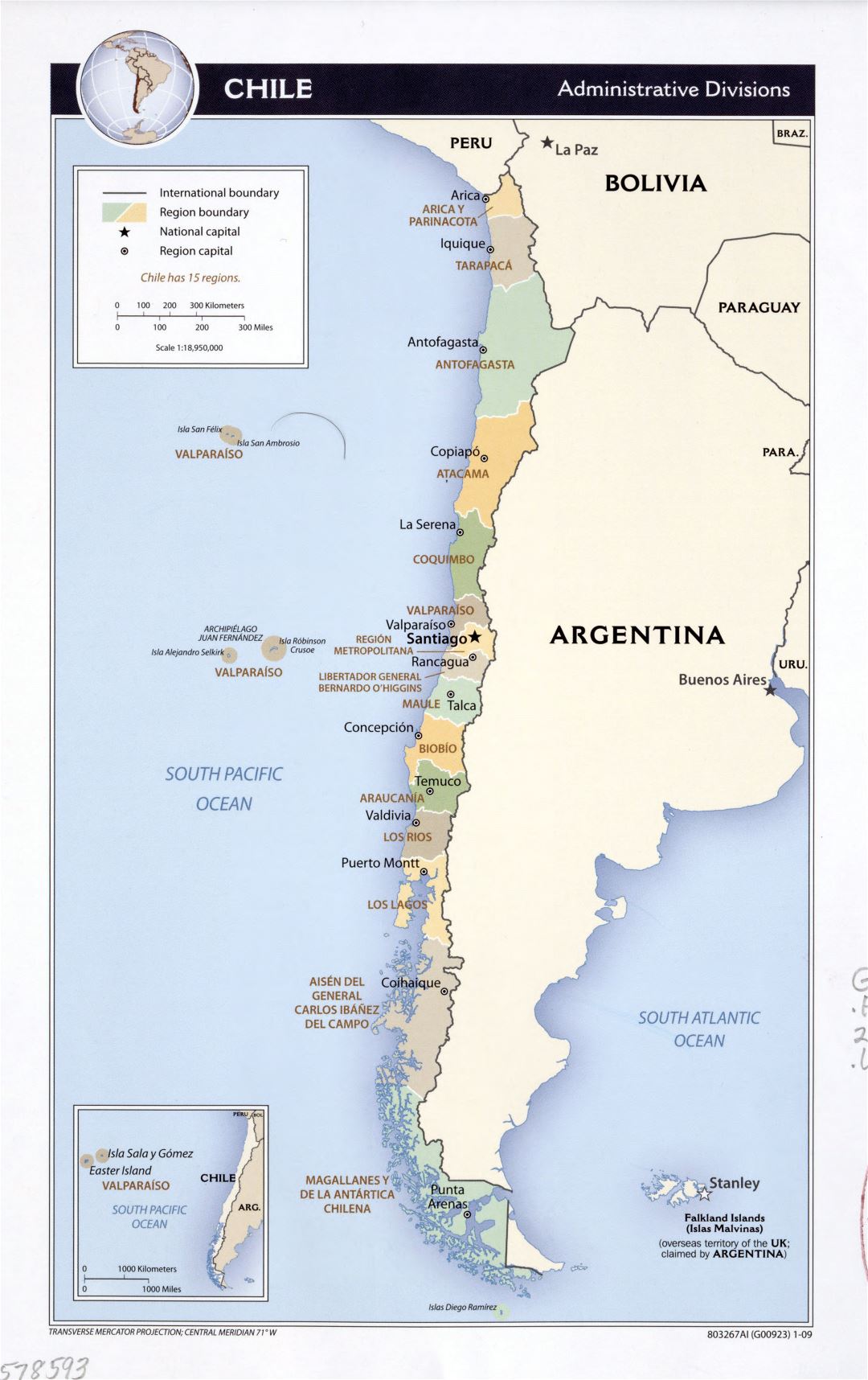 Large detailed administrative divisions map of Chile with marks of