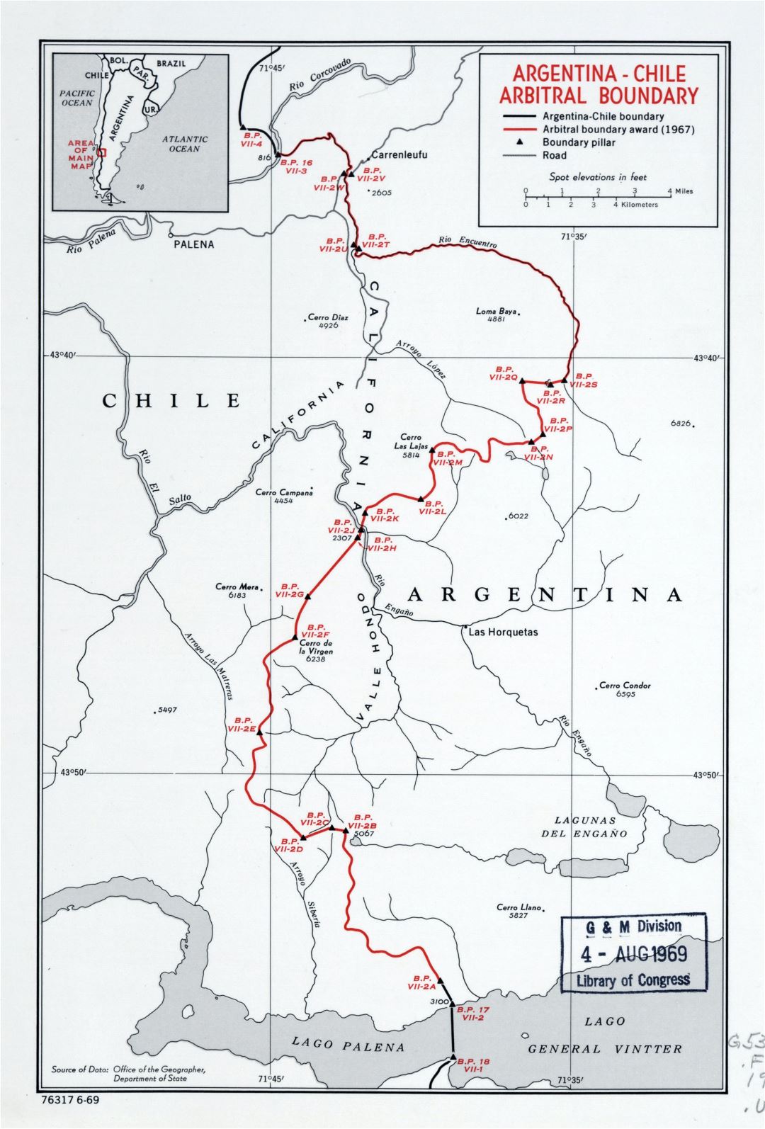 Large detailed Argentina-Chile arbitral boundary map - 1969